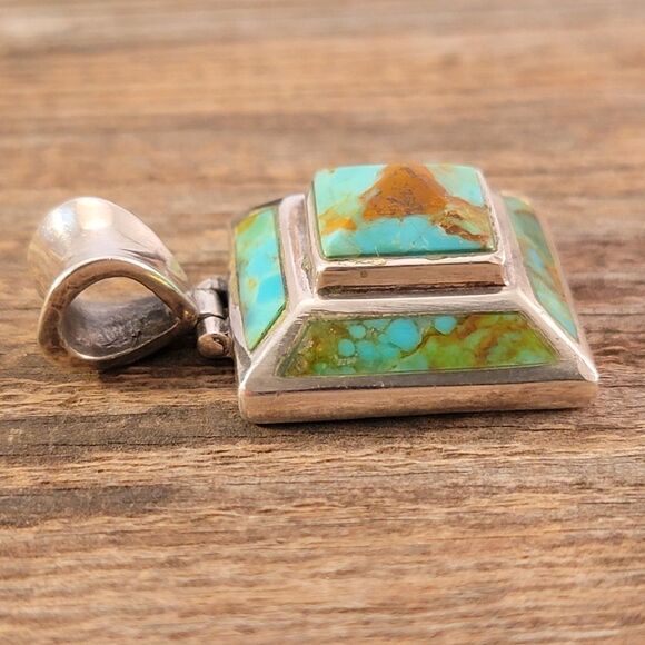 Sterling Gold Matrix Blue Green Turquoise Pyramid Pendant - Picture 6 of 9